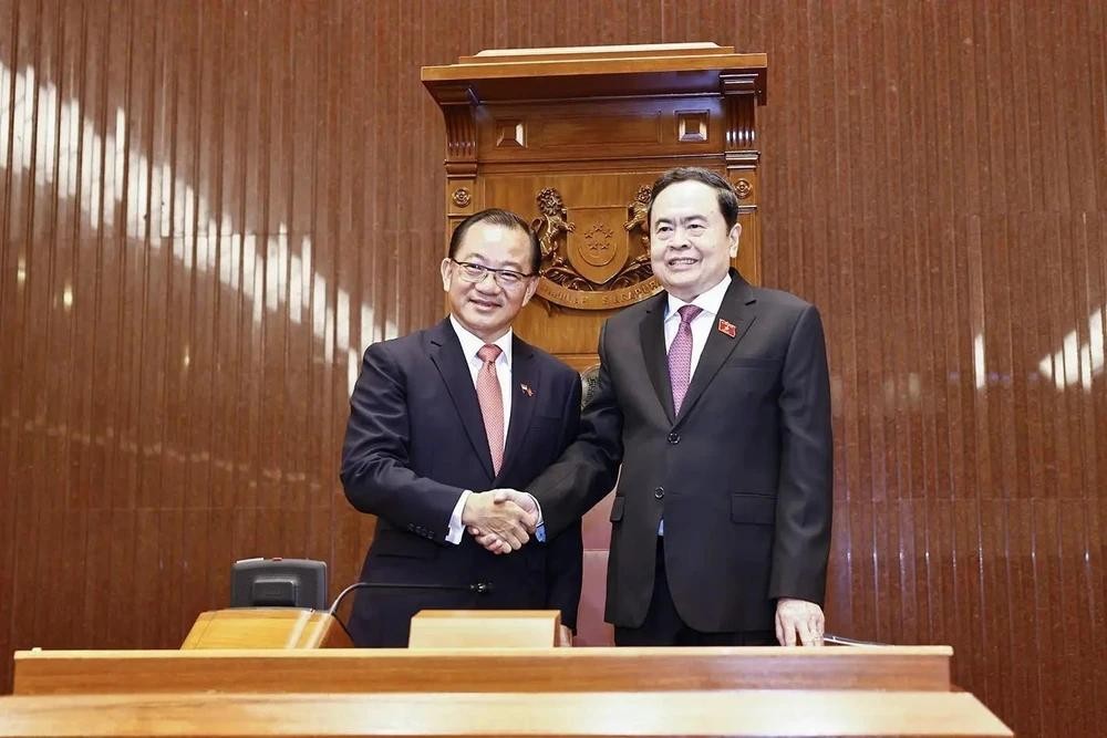 国会主席陈青敏(右)与新加坡国会议长谢健平举行会谈。(图:越通社)
