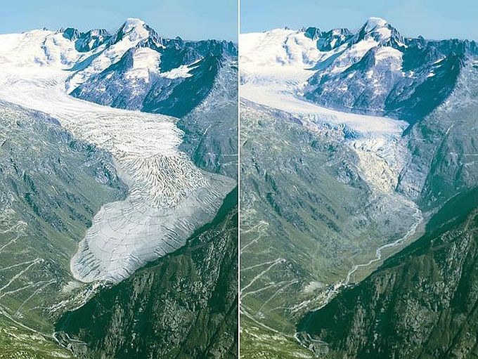 阿尔卑斯山规模最大的大阿莱奇冰川(Great Aletsch Glacier)地貌的显着变化。(图:推特)