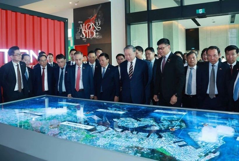 苏林总书记参观巴西班让港模型。（图：越通社）