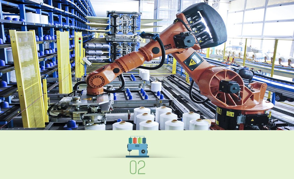 一间现代纱线厂的车间一瞥。