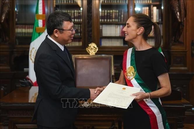 越南驻墨西哥大使阮文海向墨西哥总统克劳迪娅·辛鲍姆(Claudia Sheinbaum)递交越南国家主席梁强的国书。(图:越通社)