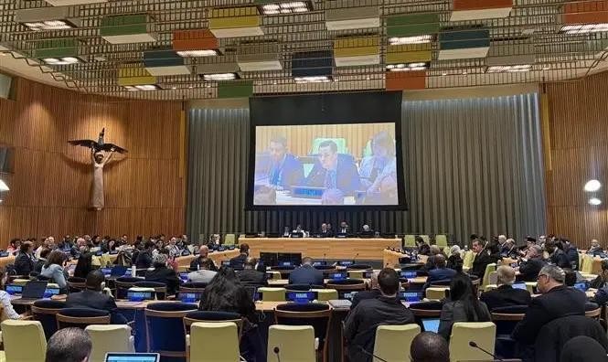 越南常驻联合国代表团团长邓黄江大使在会上发言。（图：越通社）