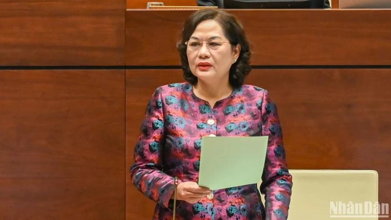 国家银行行长阮氏红在讨论会上发言。(图:人民报)