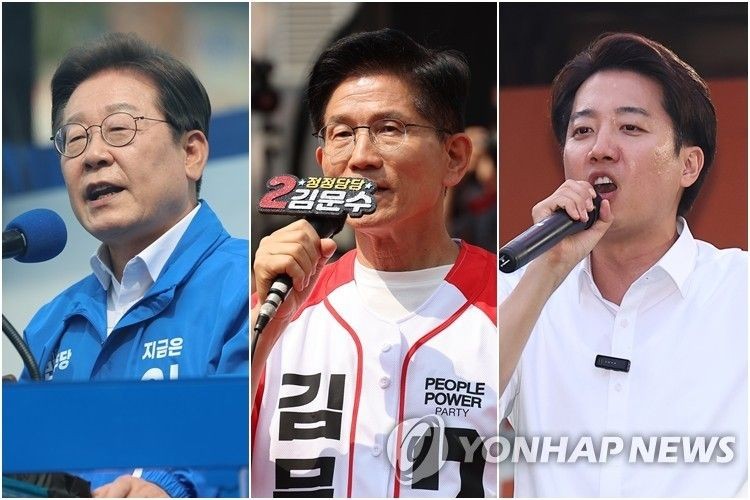 左起为共同民主党候选人李在明、国民力量党候选人金文洙、改革新党候选人李俊锡。(图:韩联社)