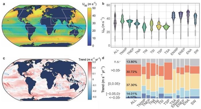 全球极端风速(50年重现期风速)空间分布及其变化趋势。研究团队 供图