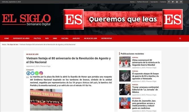 智利共产党机关报《世纪报》（El Siglo）9月3日刊登长文，详细介绍在河内巴亭广场举行的国庆庆典、阅兵和群众游行盛况。屏幕截图