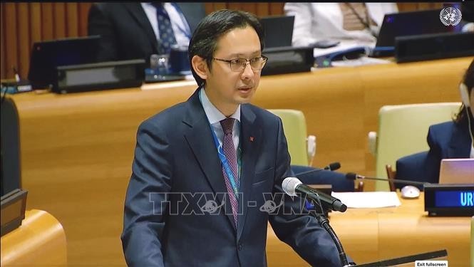 越南常驻联合国代表团团长杜雄越大使在会上发表讲话。