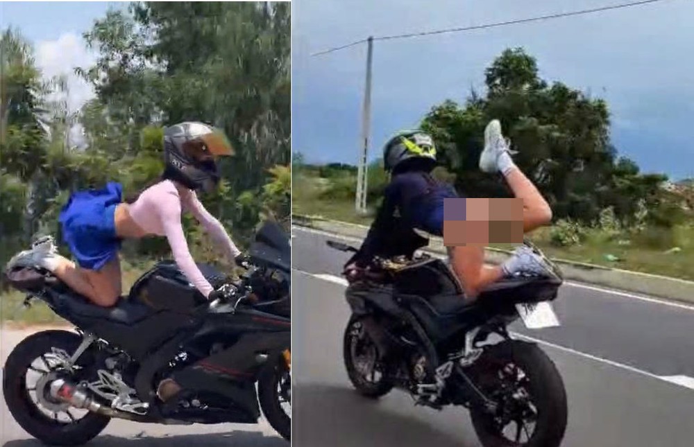 一名外籍女子在摩托车上“表演杂技”的画面。视频截图