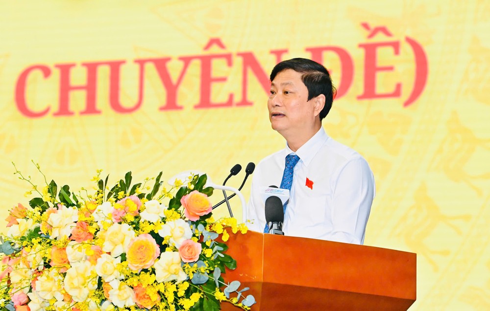 胡志明市人民议会主席武文明在会议上发表讲话。