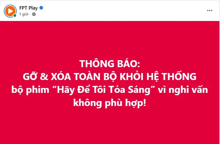 Thông báo được đưa ra trên fanpage của FPT Play. Ảnh chụp màn hình Hay de toi toa sang.jpg