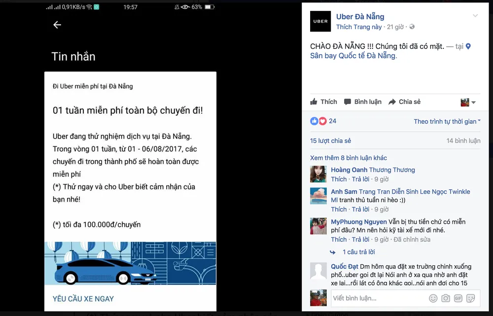 Quảng cáo đi miễn phí dịch vụ Uber tại Đà Nẵng trên mạng xã hội facebook