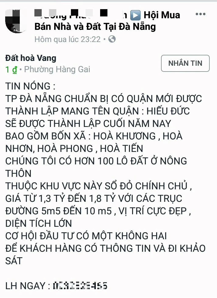 Cò đất tung tin đồn tách huyện Hòa Vang để thổi giá đất