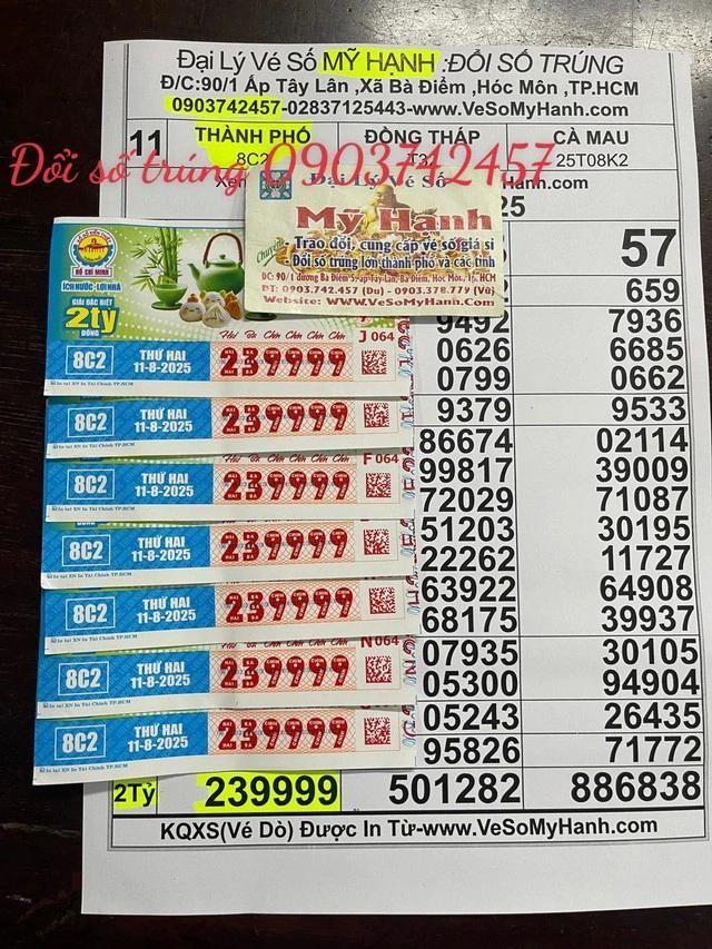 胡志明市一家代理商为7张9999四连号特别奖彩票兑奖。