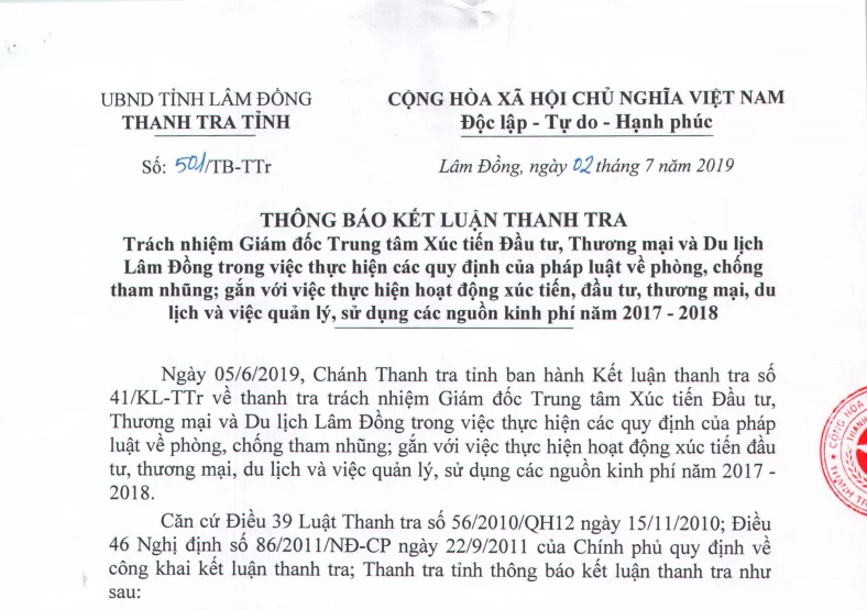 Thông báo kết luận thanh tra