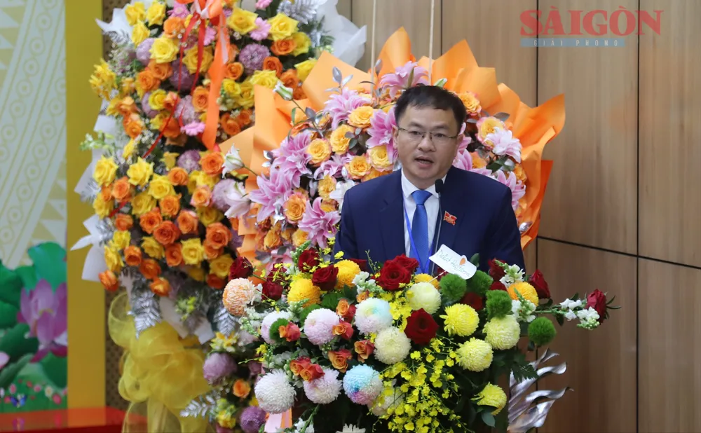 Bí thư Đảng ủy phường Lâm Viên – Đà Lạt Đặng Quang Tú phát biểu tại Đại hội. Ảnh: ĐOÀN KIÊN IMG_2241.JPG