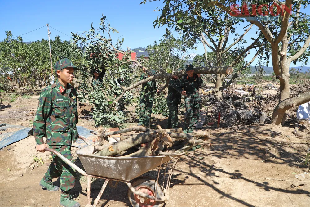 Imediatamente após a cerimônia de inauguração, oficiais e soldados da 5ª Divisão do Comando da 7ª Região Militar limparam o local com urgência e reconstruíram novas casas para os moradores da comuna de D'ran, província de Lam Dong. Foto: DOAN KIEN IMG_8276.JPG