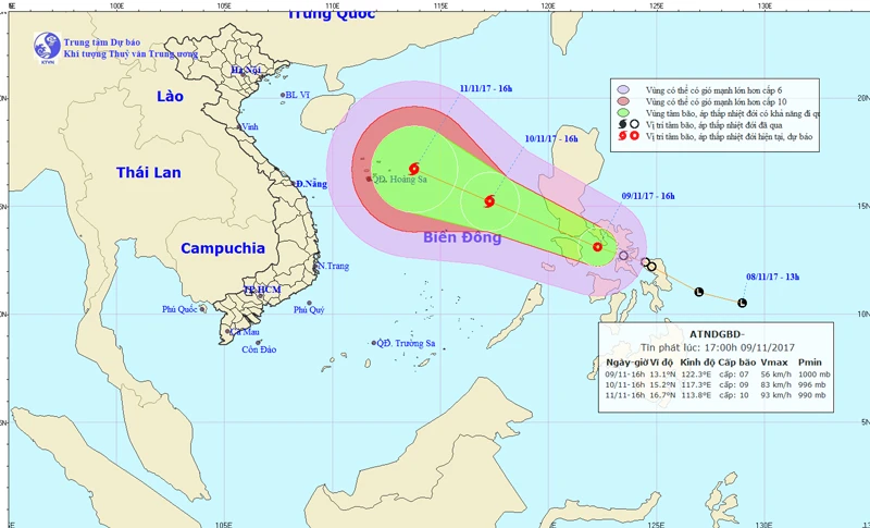 Đường đi và vị trí cơn bão. Ảnh: TT DBKTTVTƯ