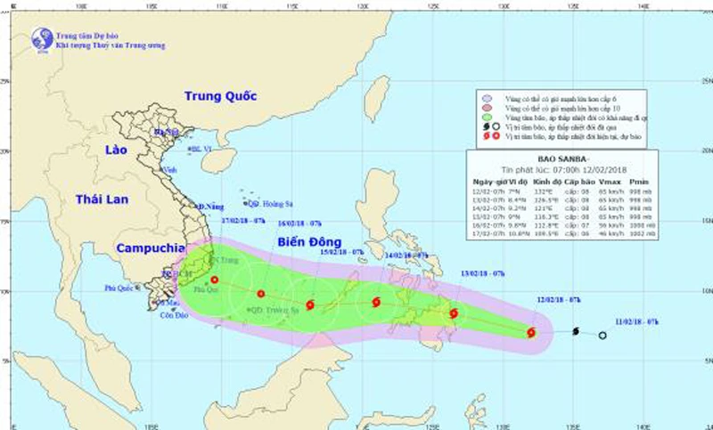Vị trí và đường đi của cơn bão Sanba. Ảnh: TT DBKTTVTƯ