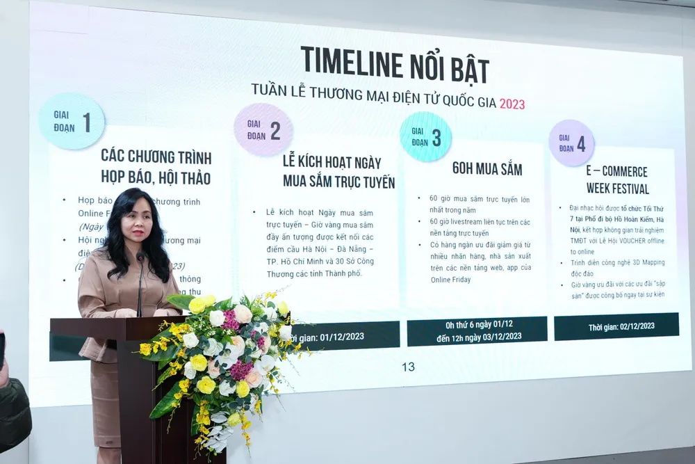 Đại diện Cục Thương mại điện tử và Kinh tế số Lê Hoàng Oanh giới thiệu về tuần lễ và chương trình 60 giờ mua sắm online