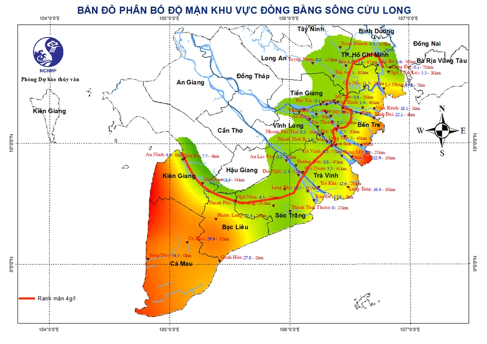 Phạm vi xâm mặn đang rút dần ở ĐBSCL. Nguồn: Trung tâm Dự báo khí tượng - thủy văn quốc gia IMG_8872.png