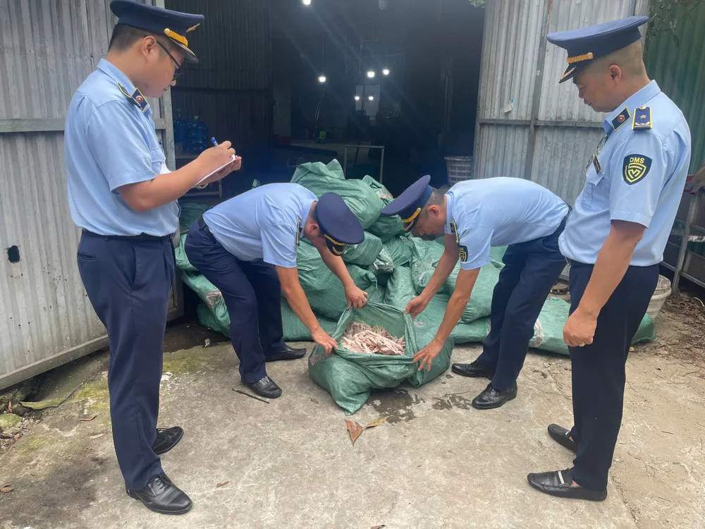 Cơ quan chức năng khui các bao tải chứa chân gà đông lạnh lậu tại TP Móng Cái IMG_9293.jpeg