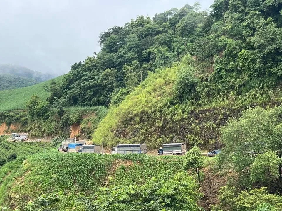 Trucks lined up waiting to clear rocks in Son La on the morning of July 25. Photo: Contributor IMG_0771.jpeg