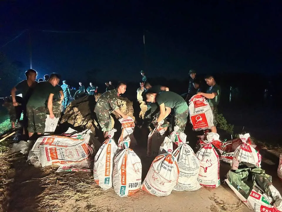 Lực lượng chức năng tập kết vật liệu bảo vệ tuyến đê Hà Châu trước nguy cơ nước lũ tràn xuống hạ du sông Cầu IMG_3356.jpeg
