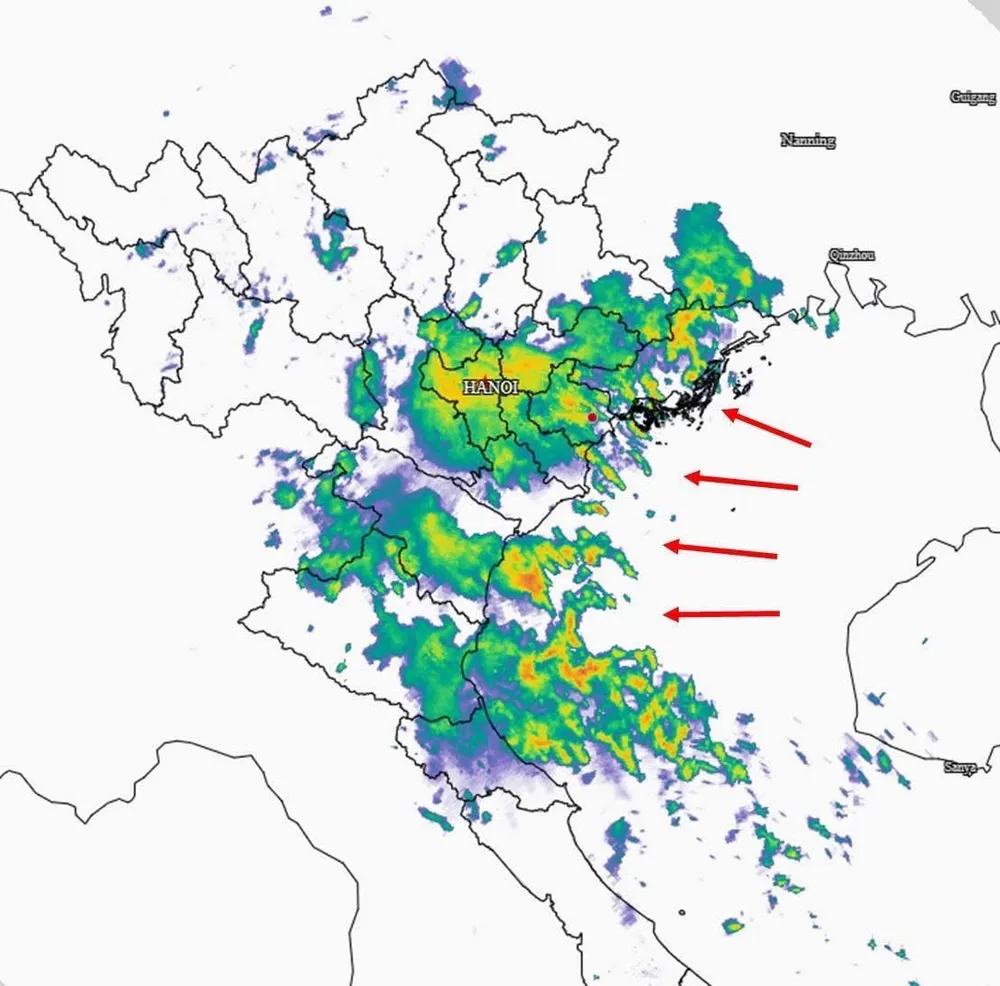 Ảnh radar thời tiết với vùng mưa đậm đặc đang tiến ở ven biển vào sâu đất liền Bắc bộ sáng 14-10. Ảnh: CỤC KTTV IMG_3541.jpeg