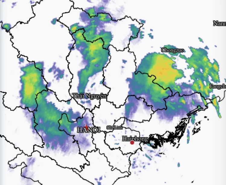 Ảnh radar thời tiết lúc 8 giờ ngày 15-10 với những khối mây ẩm lớn đang hoạt động ở miền Bắc IMG_3582.jpeg