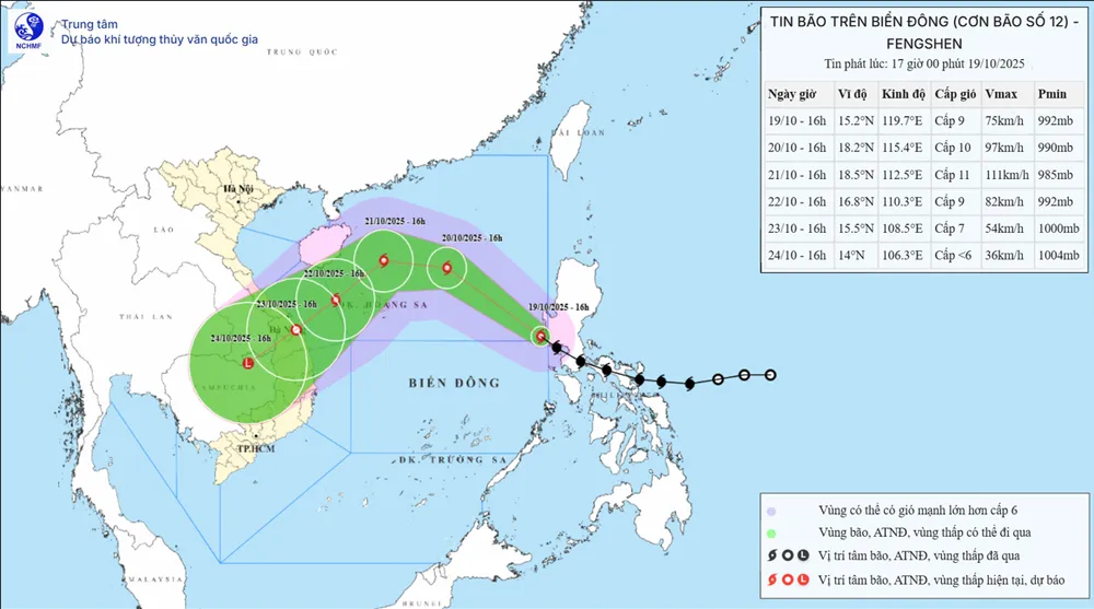 Lúc 17 giờ, tâm bão số 12 đã vào Biển Đông. Đồ họa: Trung tâm Dự báo khí tượng - thủy văn quốc gia IMG_3783.png