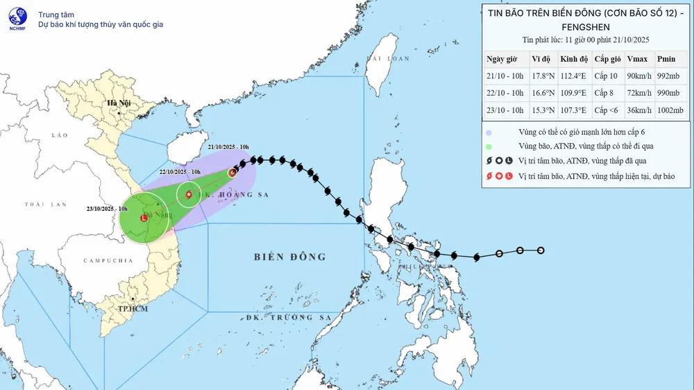 Họa đồ tâm và dự báo quỹ đạo bão số 12 được Trung tâm Dự báo khí tượng - thủy văn quốc gia cập nhật hồi 11 giờ trưa nay 21-10 IMG_3803.jpeg