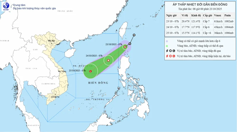 Họa đồ dự báo quỹ đạo di chuyển của áp thấp nhiệt đới cập nhật 8 giờ sáng nay, 23-10, theo Trung tâm Dự báo khí tượng - thủy văn quốc gia IMG_3843.jpeg