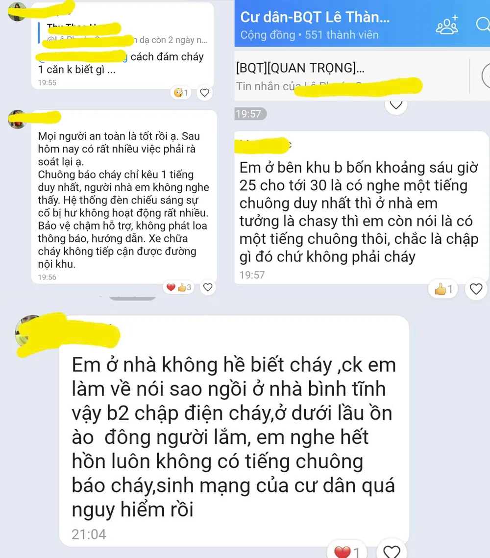 Rất nhiều cư dân trong chung cư Lê Thành tỏ ra bất bình khi không biết vụ cháy, và chỉ nhận được báo cháy qua tin nhắn Zalo trong nhóm chung z7168885978054_b4b76955b86dff620da45afa38a01f28.jpg