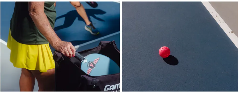 Trái: Margo Chase, huấn luyện viên pickleball, trong một buổi tập. Phải: Quả bóng dùng để chơi pickleball trên sân ở West Hartford, Connecticut. 2025-05-20_174349.png