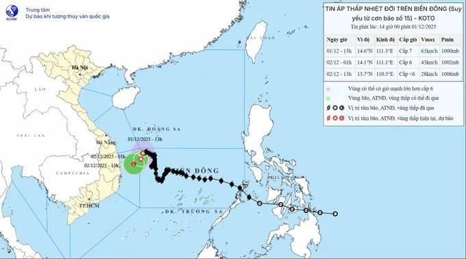 12月1日下午，15号台风已减弱为热带低气压。 