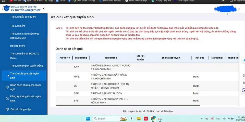 Một thí sinh đạt 25,50 điểm, dư điểm chuẩn vào ngành Tài chính ngân hàng của Trường ĐH Ngân hàng TPHCM nhưng tra cứu trên Cổng thông tin tuyển sinh của Bộ GD-ĐT sáng ngày 26-8 vẫn thông báo trượt. Ảnh: THANH HÙNG 67fd8769-90b1-4ddb-bbb1-acd80980bd7f.jpg