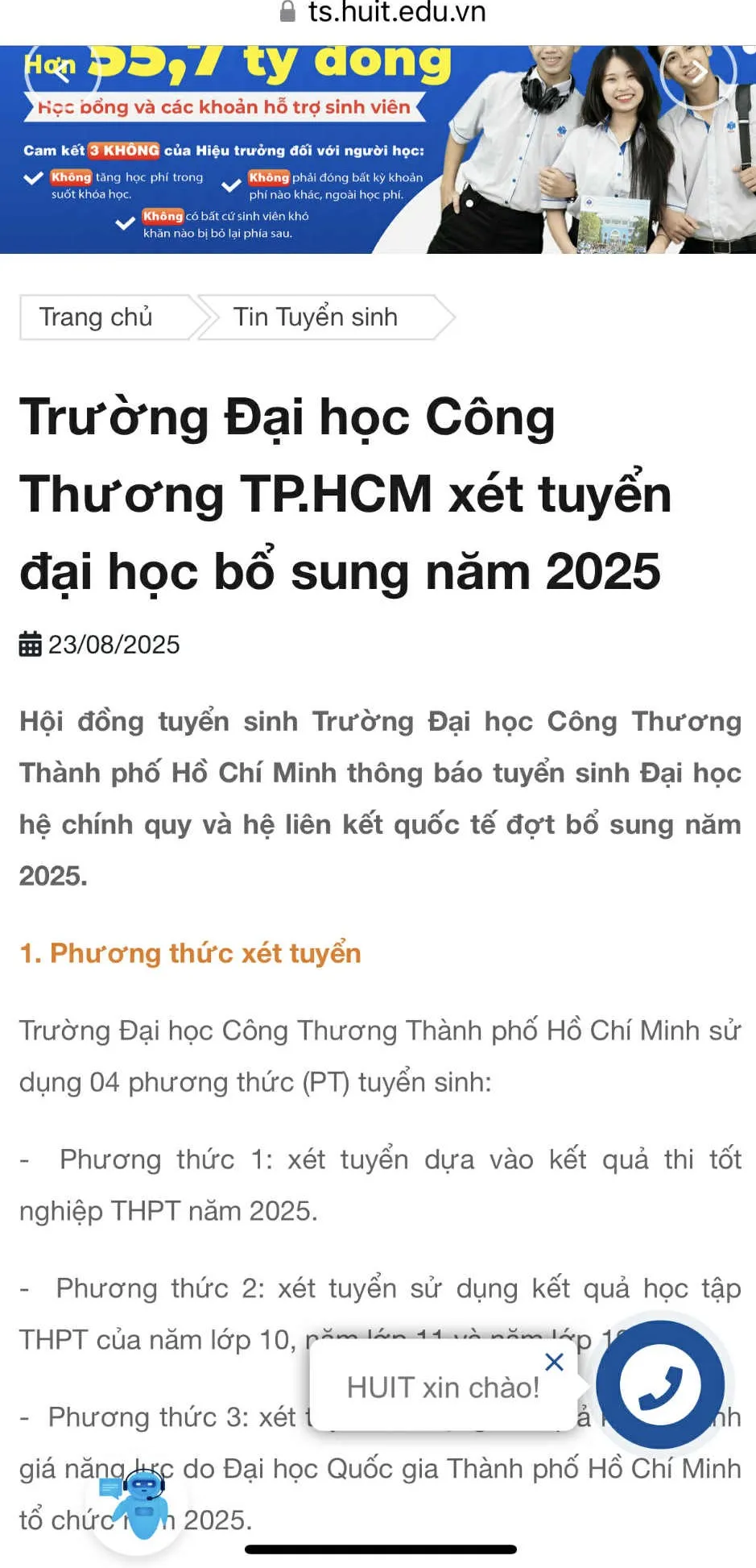 Trường ĐH Công thương TPHCM đăng thông tin xét tuyển bổ sung từ ngày 23-8. Ảnh: THANH HÙNG b08ae205-7863-4cca-9ce9-e6604bc54770.jpg