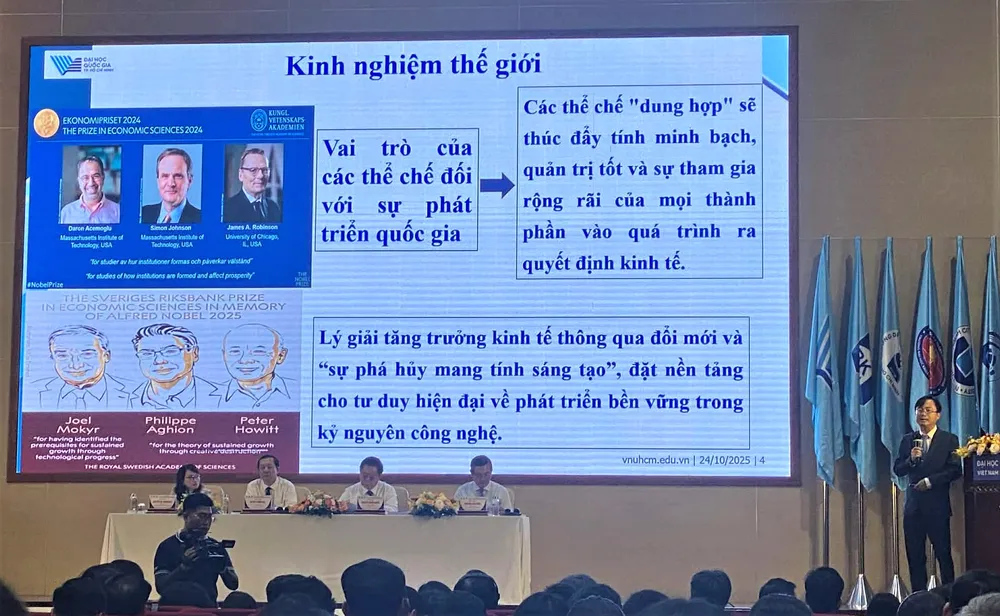 PGS-TS Đỗ Phú Trần Tình, Viện trưởng Viện Phát triển chính sách ĐHQG TPHCM, trình bày tham luận tại hội thảo. Ảnh: THANH HÙNG 3a2d92fa-296d-43c3-bfef-3a0d01f1a681.jpg