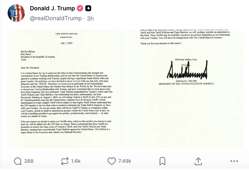 Tổng thống Donald Trump đăng nội dung bức thư gửi cho nhà lãnh đạo Tunisia lên mạng xã hội Truth Social. Ảnh: @REALDONALDTRUMP Screenshot 2025-07-08 at 07.03.09.png
