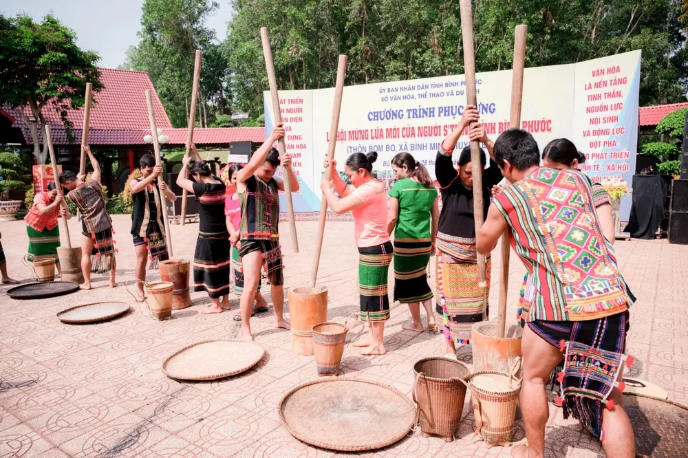 Đồng bào dân tộc S'tiêng giã gạo trong một lễ hội truyền thống diễn ra tại Khu bảo tồn văn hóa dân tộc S'tiêng sóc Bom Bo - 2.jpg