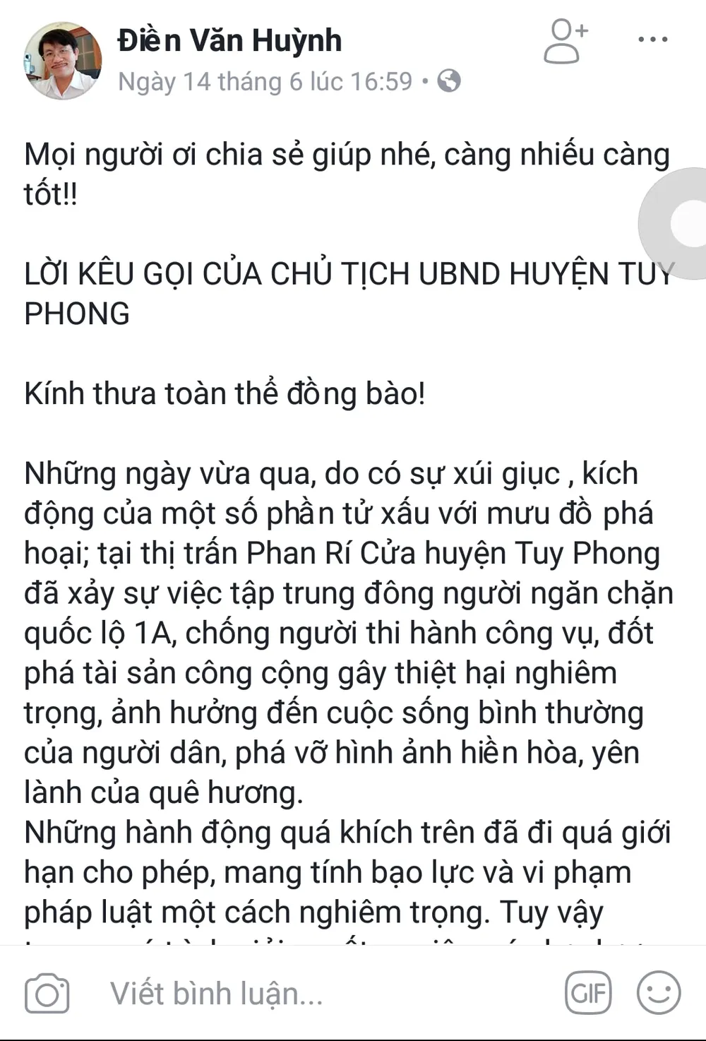 Chủ tịch huyện Tuy Phong đăng facebook kêu gọi người dân không tiếp tay cho kẻ xấu ảnh 1 Chủ tịch huyện Tuy Phong đăng facebook kêu gọi người dân không tiếp tay cho kẻ xấu ảnh 1