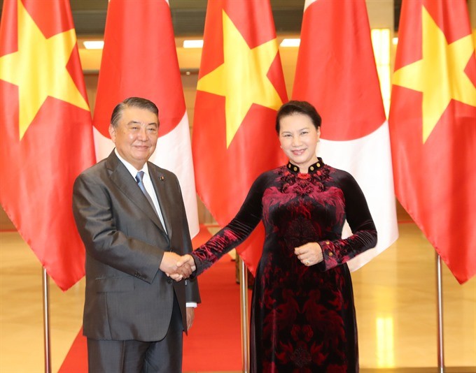 National Assembly Chairwoman Nguyen Thị Kim Ngân meets Japanese Speaker of the House of Representatives Oshima Tadamori yesterday in Hanoii. (Photo: VNA/VNS)