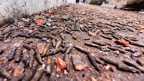 A road is full with bullet warheads after the explosion in Quan Do hamlet