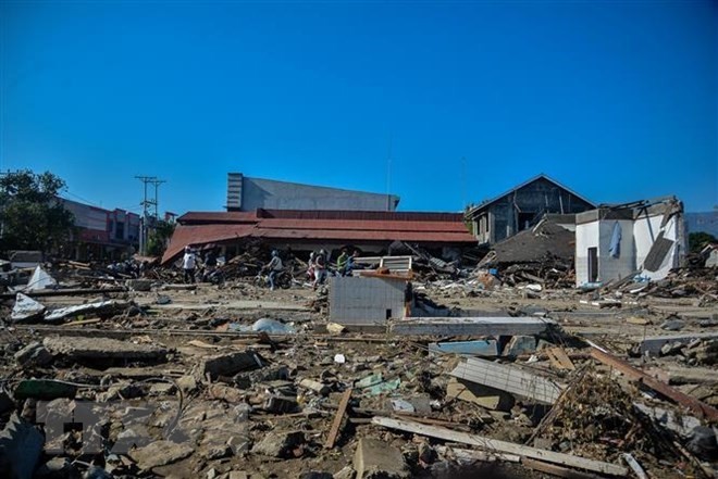 The rubble left following the earthquake and tsunami in Palu, Central Sulawesi province of Indonesia, on October 1, 2018 (Photo: Xinhua/VNA)