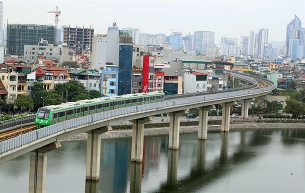 A train of Cat Linh - Ha Dong urban railway project runs on trial in Hanoi. (Photo: VNA)