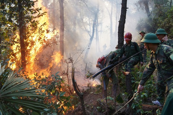 Rescue workers attempt to stamp out the fire in Nghi Xuan district