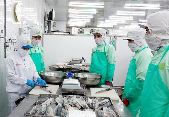 Ms. Vo Thi Ngoc Diem (on the left) is instructing workers to process fish