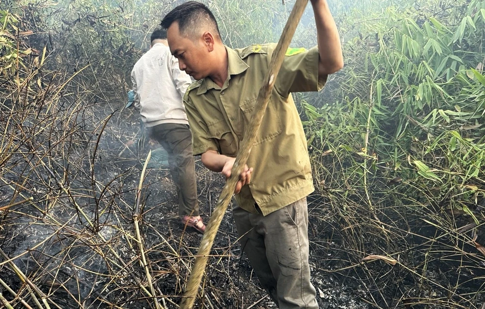 Lực lượng chức năng phối hợp người dân dập lửa cháy rừng tại thôn 11, xã Đại Lào, TP Bảo Lộc, tỉnh Lâm Đồng. Ảnh: ĐOÀN KIÊN