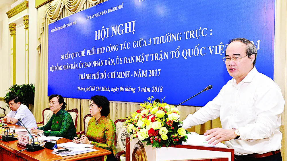 Bí thư Thành ủy TPHCM Nguyễn Thiện Nhân phát biểu tại Hội nghị Sơ kết quy chế phối hợp. Ảnh: VIỆT DŨNG