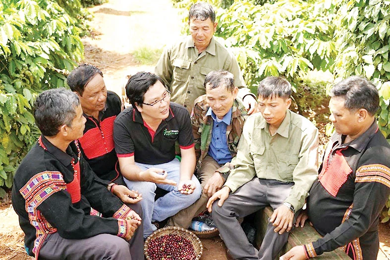 Anh Nguyễn Hữu Thông, chuyên gia nông nghiệp dự án Nescafé Plan cùng nông dân thảo luận cách chăm sóc cà phê trên vườn đạt hiệu quả tối ưu nhất